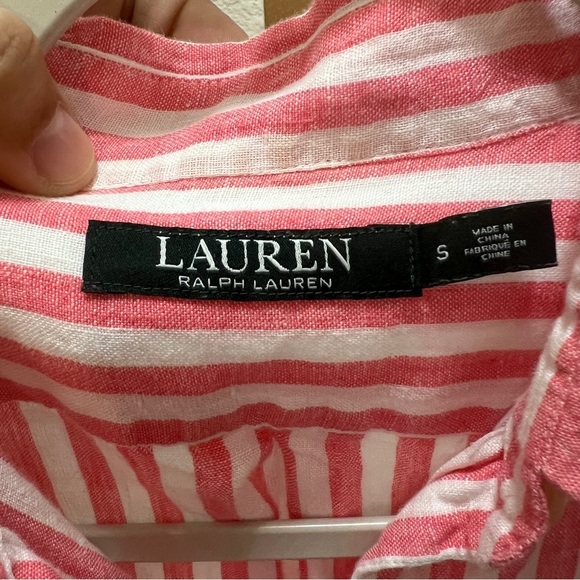 LRL Ralph Lauren  100% Linen Popover Top Womens S Pink White Striped - Picture 2 of 5